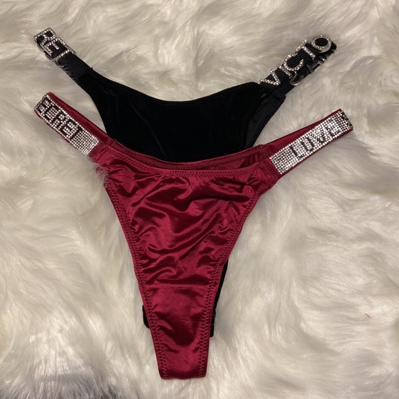 VS Victoria’s Secret bling panties shine strap brazilian velvet and satin logo M - Picture 7 of 7